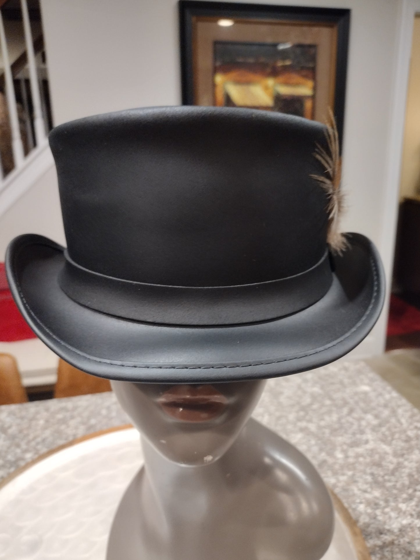 Black Leather Hat with accent feather