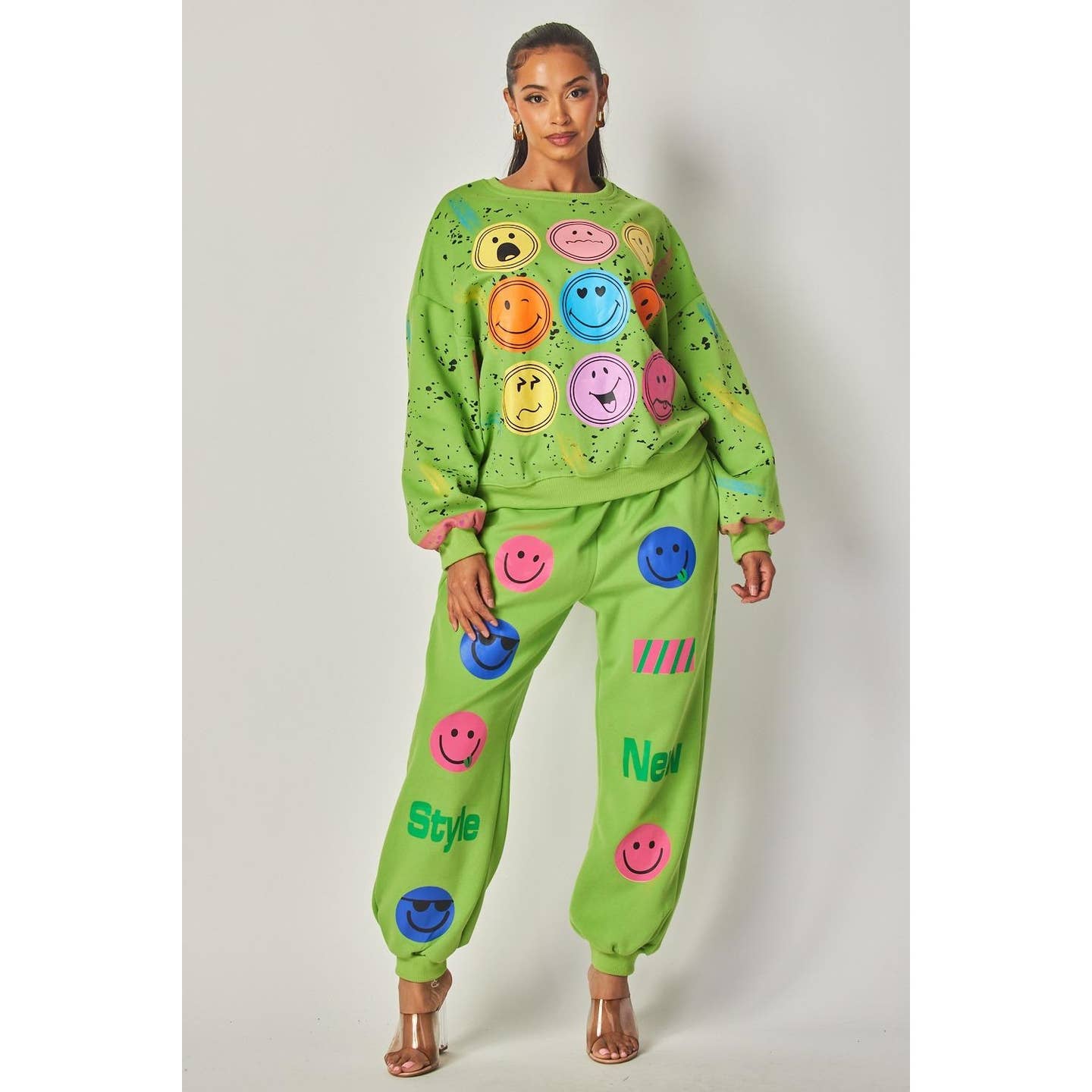 2PC Lime Green Smiley Face Lounge Sweat Suit